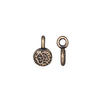 Antiqued brass full moon charm, front and side views showing hammered texture and top loop