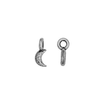 Silver crescent moon charm in front and side views, smaller close crop showing the textured surface and hanging loop