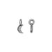 Silver crescent moon charm in front and side views, smaller close crop showing the textured surface and hanging loop