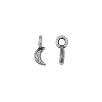 Antiqued pewter crescent moon charm shown from the front and side, with a hammered texture and small top loop