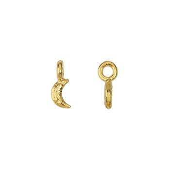 Gold crescent moon charm in a smaller crop, side view with textured surface and loop beside a top view