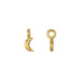 24K gold plated crescent moon charm shown from the side next to an end-on view of its small loop