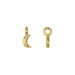 Gold crescent moon charm in a smaller crop, side view with textured surface and loop beside a top view