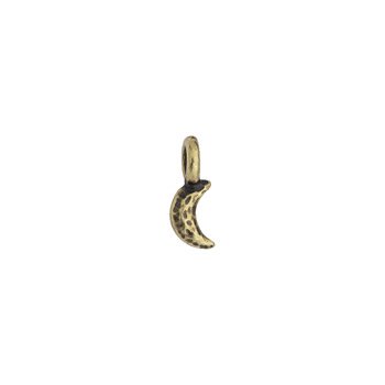 Antiqued brass crescent moon charm with hammered texture and a small top loop, shown on a white background