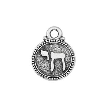 Round silver chai charm with top loop and dotted border, smaller view on white background