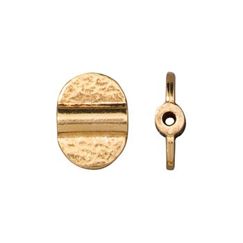 Gold hammered oval bead with smooth center band, front and side angles on white background