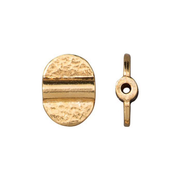 24K gold plated hammered Baule bead, front view beside a side view showing the hole