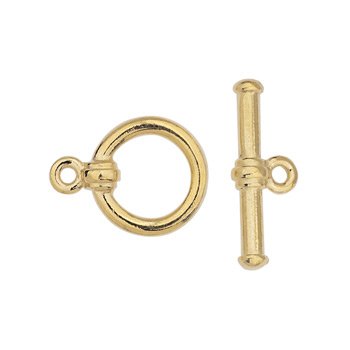 Gold plated toggle clasp set with a round ring and a straight bar, each with a small loop for attaching to jewelry