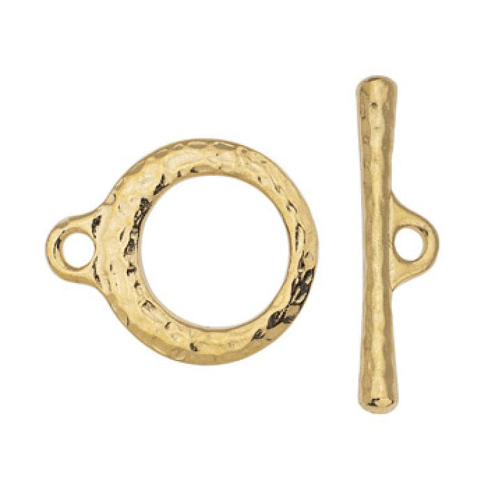 24K gold plated craftsman toggle clasp set with hammered ring and bar shown side by side on white