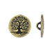 Antiqued brass Tree of Life button, front with swirling branches and side view showing the shank loop