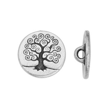 Round pewter tree of life button in a slightly wider crop, showing the front design and side profile with shank