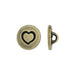 Antiqued brass small heart button, front with heart design beside a side view showing the shank loop