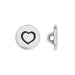 Antiqued silver small heart button, front face with stamped heart beside a side view showing the shank loop