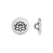 Pewter lotus button in a slightly different crop, showing the stamped flower face and side profile with loop