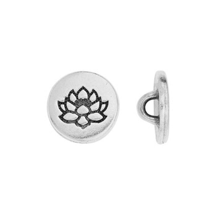 Antiqued silver small lotus button, front with lotus design beside a side view showing the shank loop