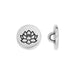 Antiqued silver small lotus button, front with lotus design beside a side view showing the shank loop