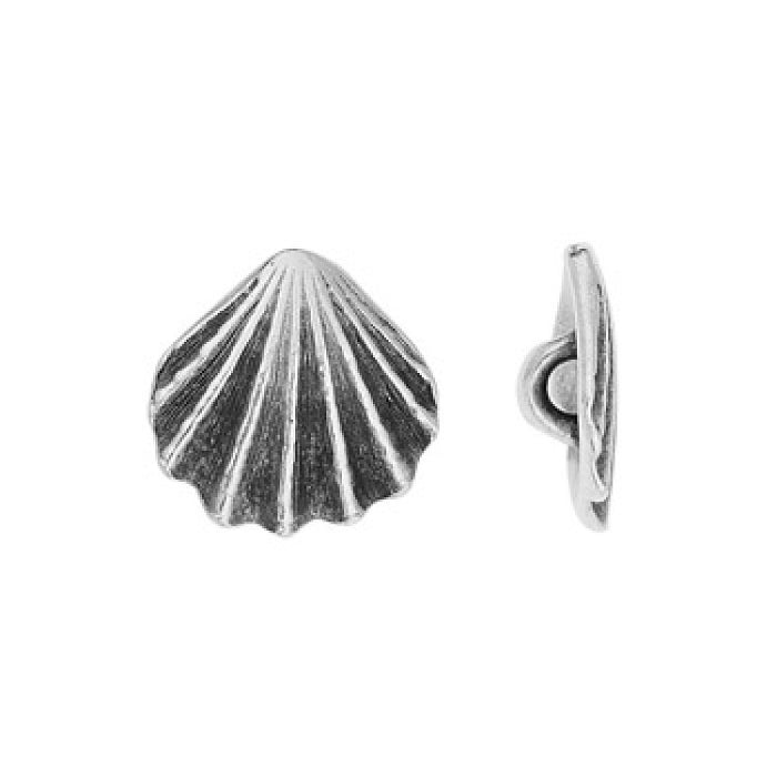 Antiqued silver scallop shell button, front view with ribbed shell face beside a side view showing the shank