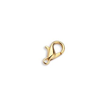 Gold zinc alloy lobster clasp in a slightly smaller crop, shown from the same angle with the loop at lower left