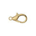 24K gold plated zinc alloy lobster clasp, 9x18mm, with small round ring and spring trigger on a white background