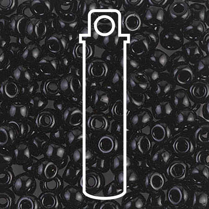 Opaque black Miyuki 6/0 glass seed beads close-up with a white tube outline showing the 20g tube