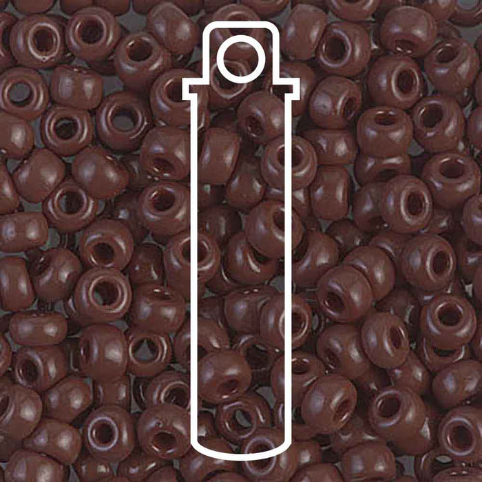 Opaque chocolate brown Miyuki 6/0 glass seed beads close-up with a white tube outline showing the 20g tube