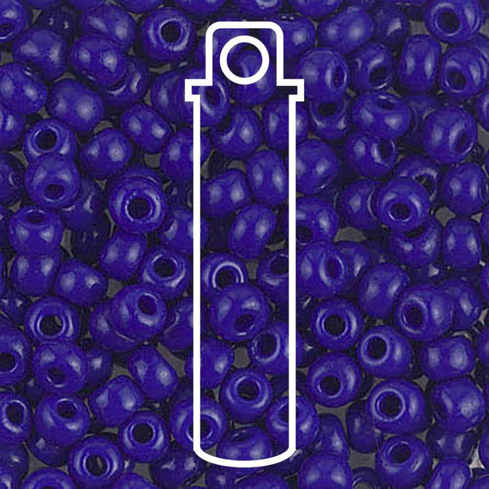 Opaque cobalt Miyuki seed beads #414, close-up of glossy blue 6/0 beads with a tube outline icon