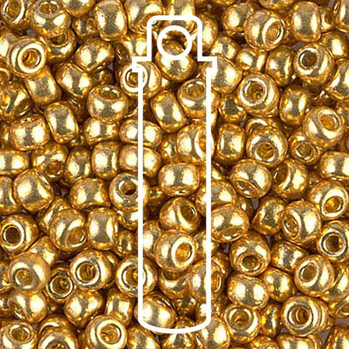 Duracoat galvanized gold Miyuki 6/0 seed beads close-up with a white tube outline overlay
