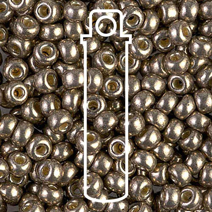Duracoat galvanized pewter Miyuki seed beads, close-up of the metallic finish with a tube outline overlay