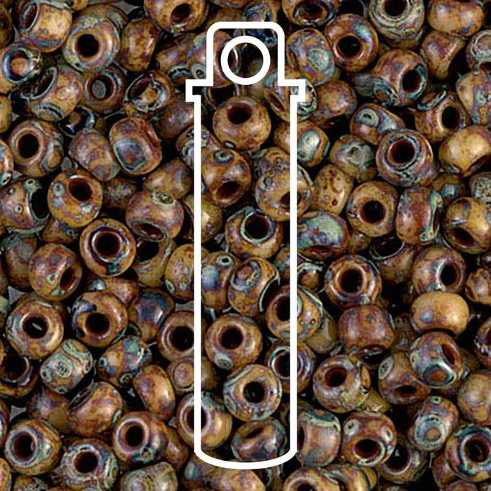 Close-up of picasso brown tan matte Miyuki 6/0 seed beads with a tube outline icon overlaid