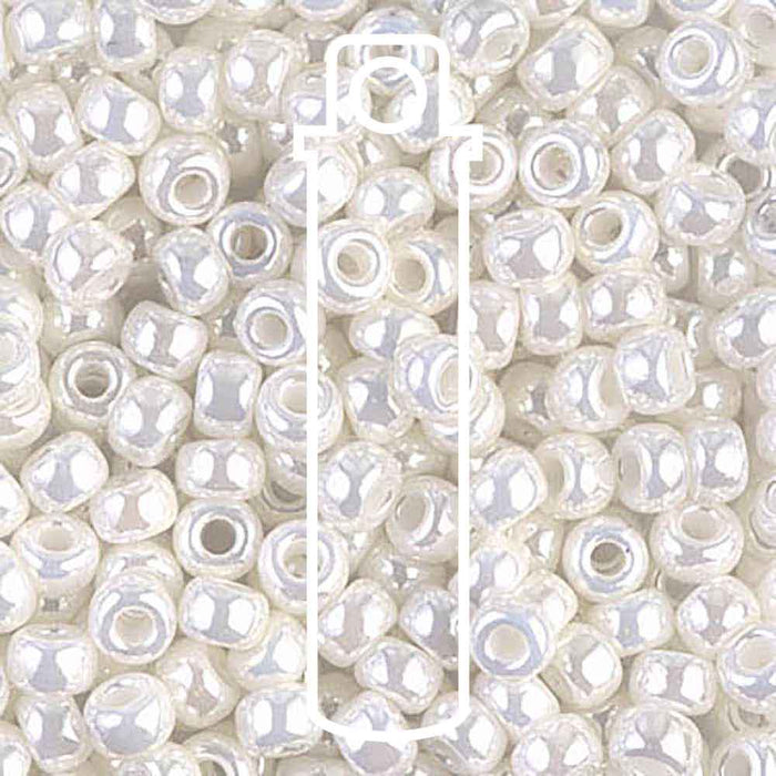 Ivory pearl Ceylon Miyuki 6/0 seed beads close-up with glossy white luster and a tube outline overlay