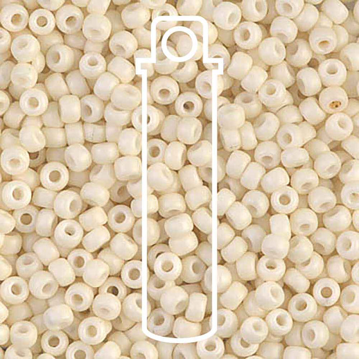 Matte opaque cream Miyuki 8/0 seed beads filling the frame with a tube outline graphic showing the 22g tube size