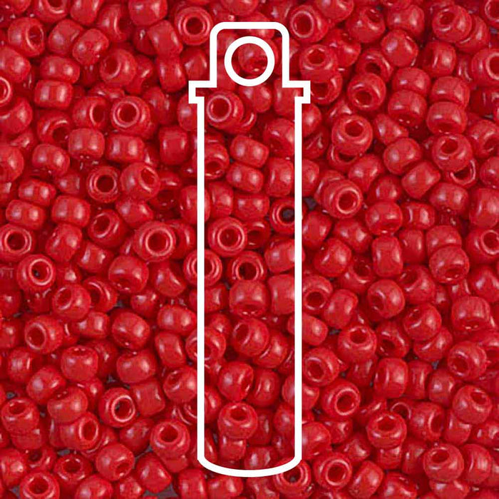 Opaque red Miyuki 8/0 seed beads close-up with a white tube outline showing the 22g tube