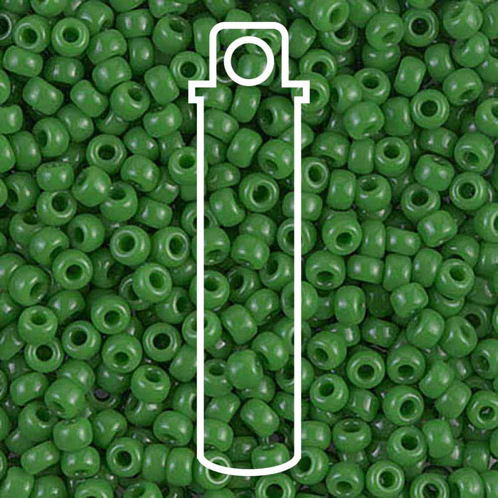 Opaque jade green Miyuki 8/0 seed beads close-up with a white tube outline showing the 22g tube size