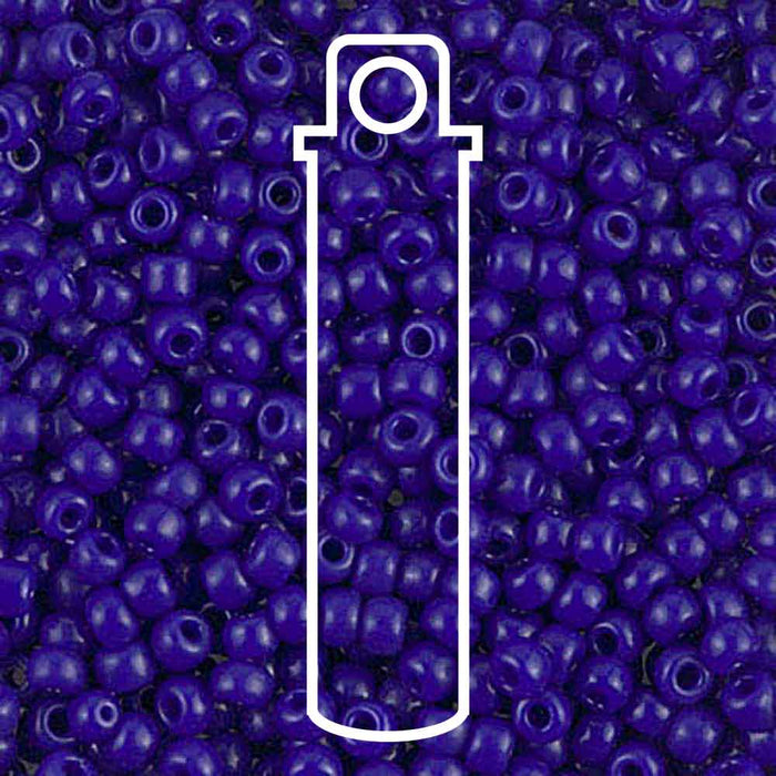 Opaque cobalt Miyuki seed beads #414 close-up with a white tube outline showing the 22g vial