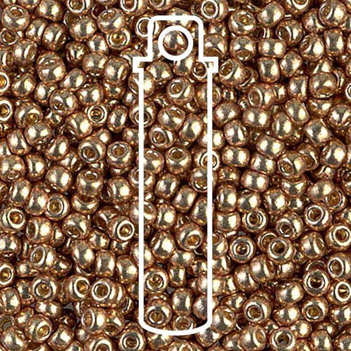 Close-up of duracoat galvanized champagne Miyuki 8/0 seed beads with a white tube outline overlaid