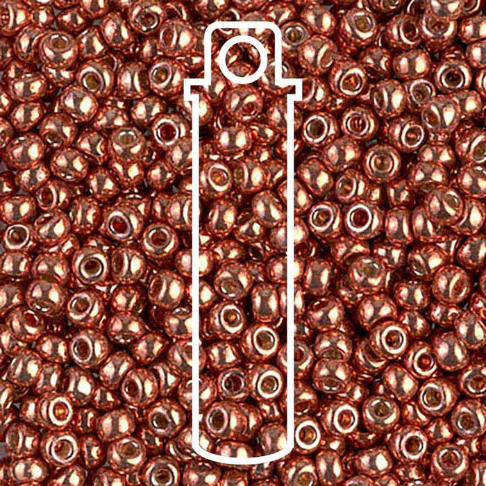 Close-up of Duracoat galvanized pink blush Miyuki 8/0 seed beads with a glossy copper-pink finish and a tube outline