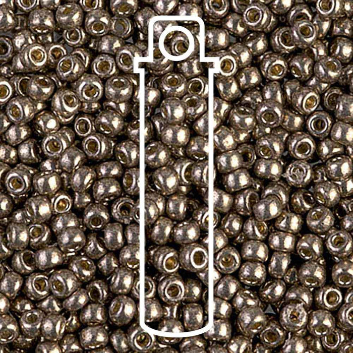 Duracoat galvanized pewter Miyuki seed beads, close-up of the metallic finish with a tube outline overlay