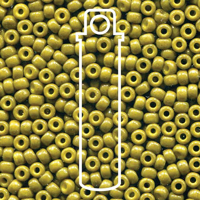 Close-up of Duracoat opaque dyed olive Miyuki seed beads, 8/0, with a white tube outline overlaid