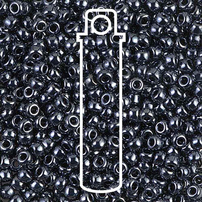Gunmetal Miyuki seed beads, glossy grey 8/0 glass beads close up with a tube outline overlaid