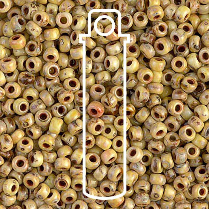 Picasso canary yellow matte Miyuki seed beads close-up with brown speckled finish and a tube outline overlay