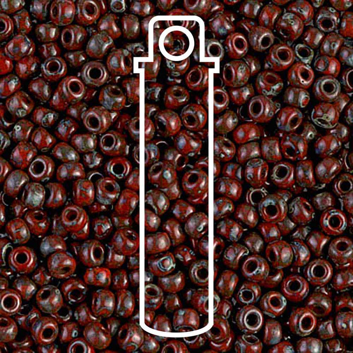 Picasso opaque red garnet matte Miyuki seed beads close-up with a white tube outline overlay
