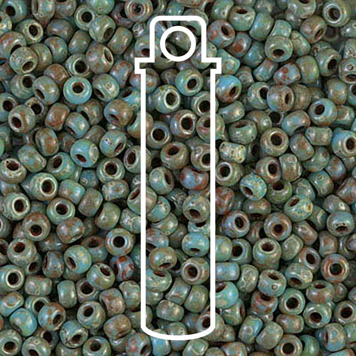 Picasso seafoam green matte Miyuki seed beads close-up with brown speckled finish and tube outline