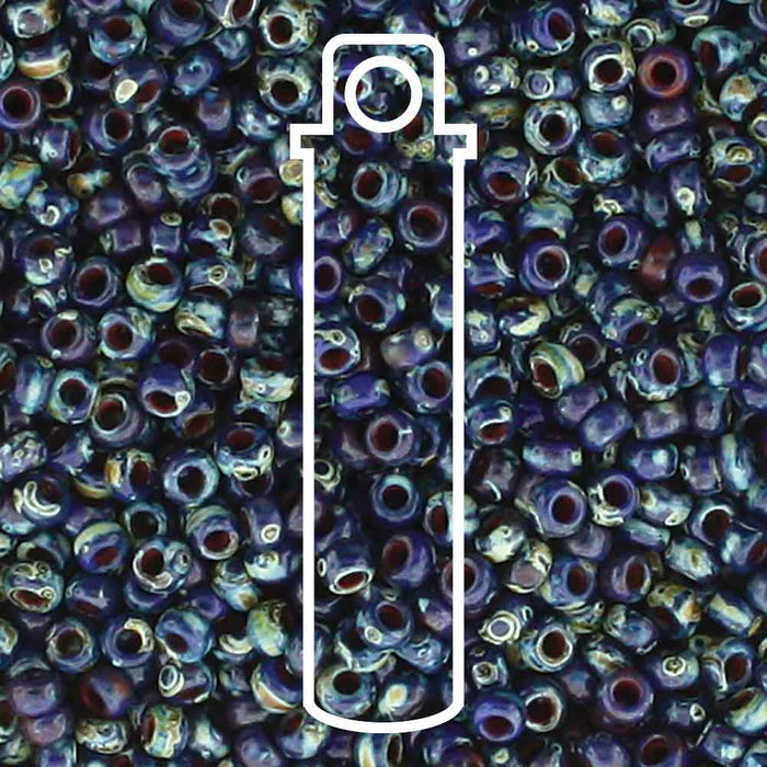Picasso opaque cobalt Miyuki seed beads, close-up of blue glass beads with a tube outline overlay