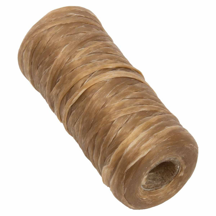 Natural waxed polyester artificial sinew on a spool, flat ribbon-like cord wound around a hollow center