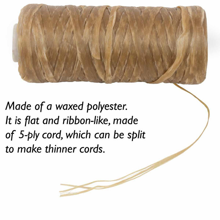Artificial sinew spool with loose end split into thinner cords, text describing flat 5-ply waxed polyester