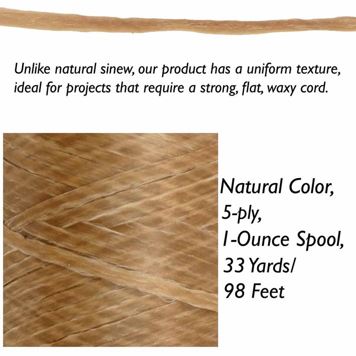 Close-up of sinew texture with specs: natural color, 5-ply, 1-ounce spool, 33 yards or 98 feet