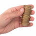 Hand holding a small spool of waxed polyester artificial sinew to show its size
