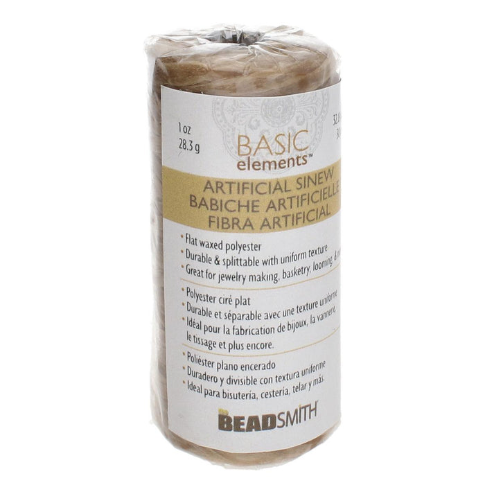 Packaged artificial sinew spool with a Basic Elements label showing 1 oz, flat waxed polyester