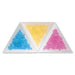 Three triangular sorting trays filled with blue, yellow and pink faceted beads, lined up side by side