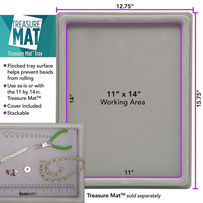 Flocked bead mat tray dimensions graphic showing 11 x 14 inch working area, 12.75 by 15.75 inch outer size and features